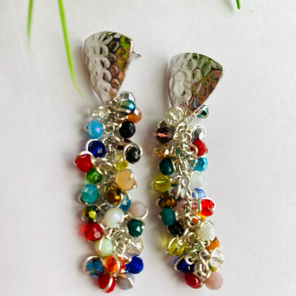 Multicolor Cluster Bead Dangle Earrings - Silver-Tone